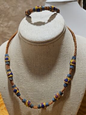 Handcrafted Blue, Yellow & Purple Beaded Necklace and Bracelet Set